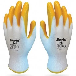Beybi Pn7 Polyester Örme Nitril Iş Eldiveni Sarı – Beyaz 1 Çift